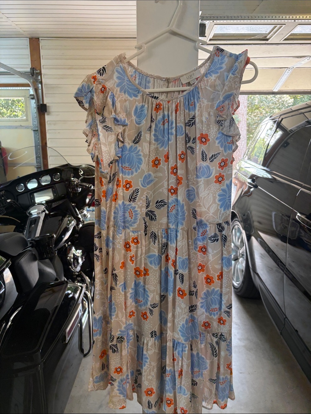 LOFT Beige Midi Dress with Blue and Orange Floral Print